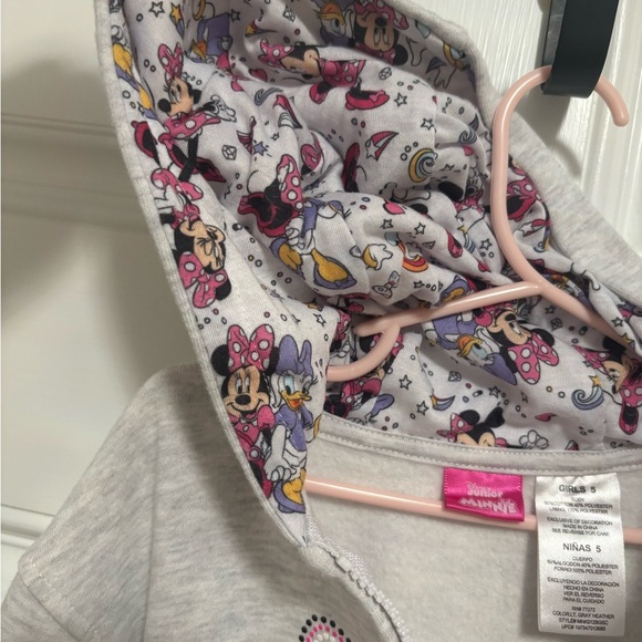 Disney Minnie Mouse Zip Hoodie Girls 5 Gray Pink Polka Dot Bow Full Zip Jacket - Picture 4 of 5